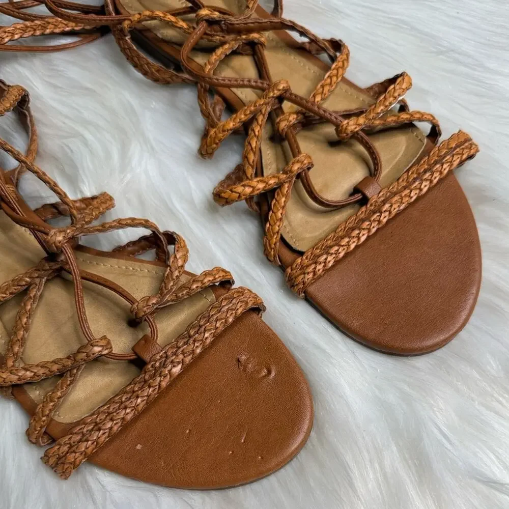 Anacapri Tan Braided Leather Ankle Wrap Gladiator Sandals